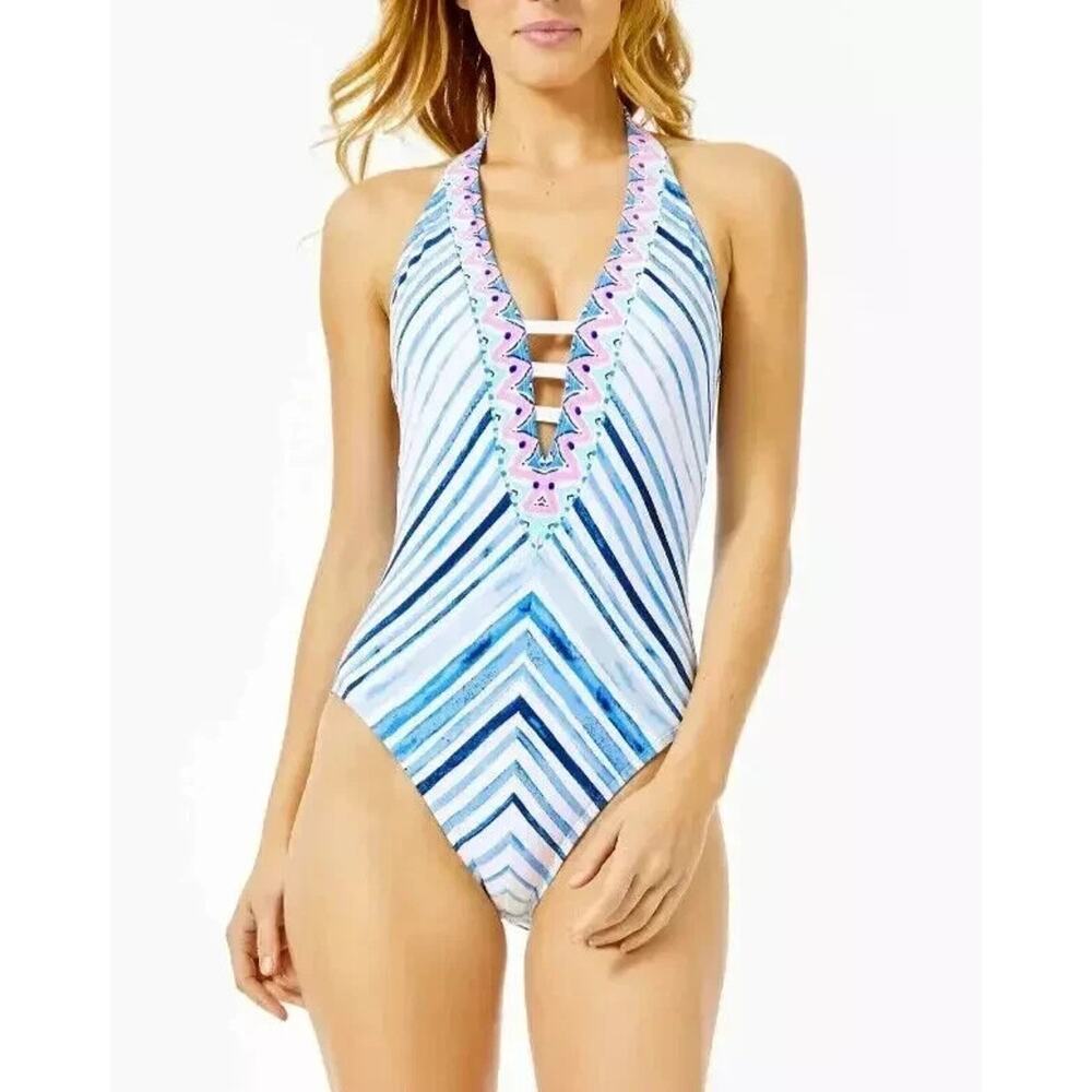 Lilly Pulitzer Loraline‎ One Piece Swimsuit Seaside Vibes Striped Halter Swim 4